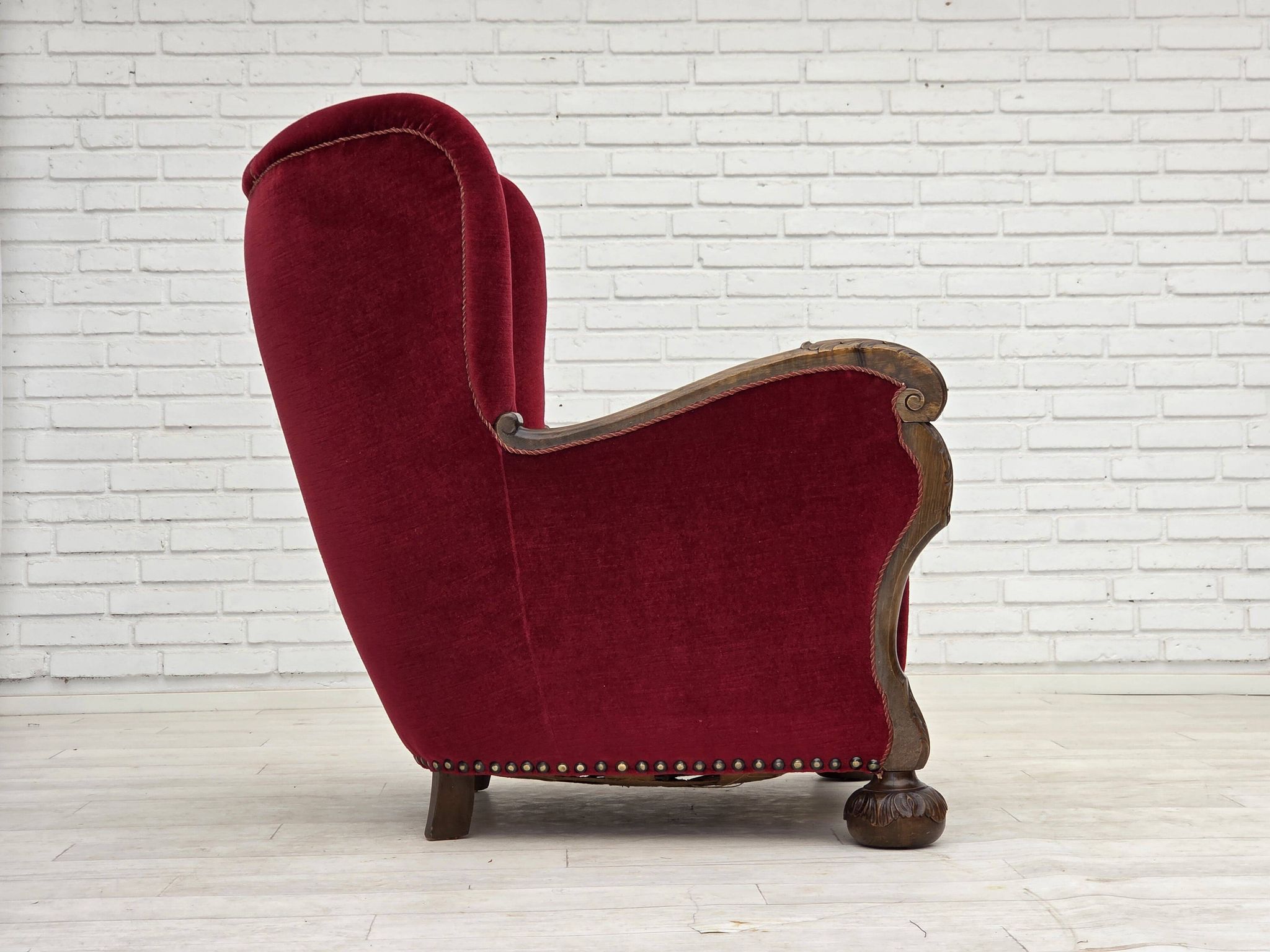 1960s, Danish relax chair, cherry-red furniture velour, oak wood.