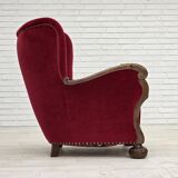 1960s, Danish relax chair, cherry-red furniture velour, oak wood.