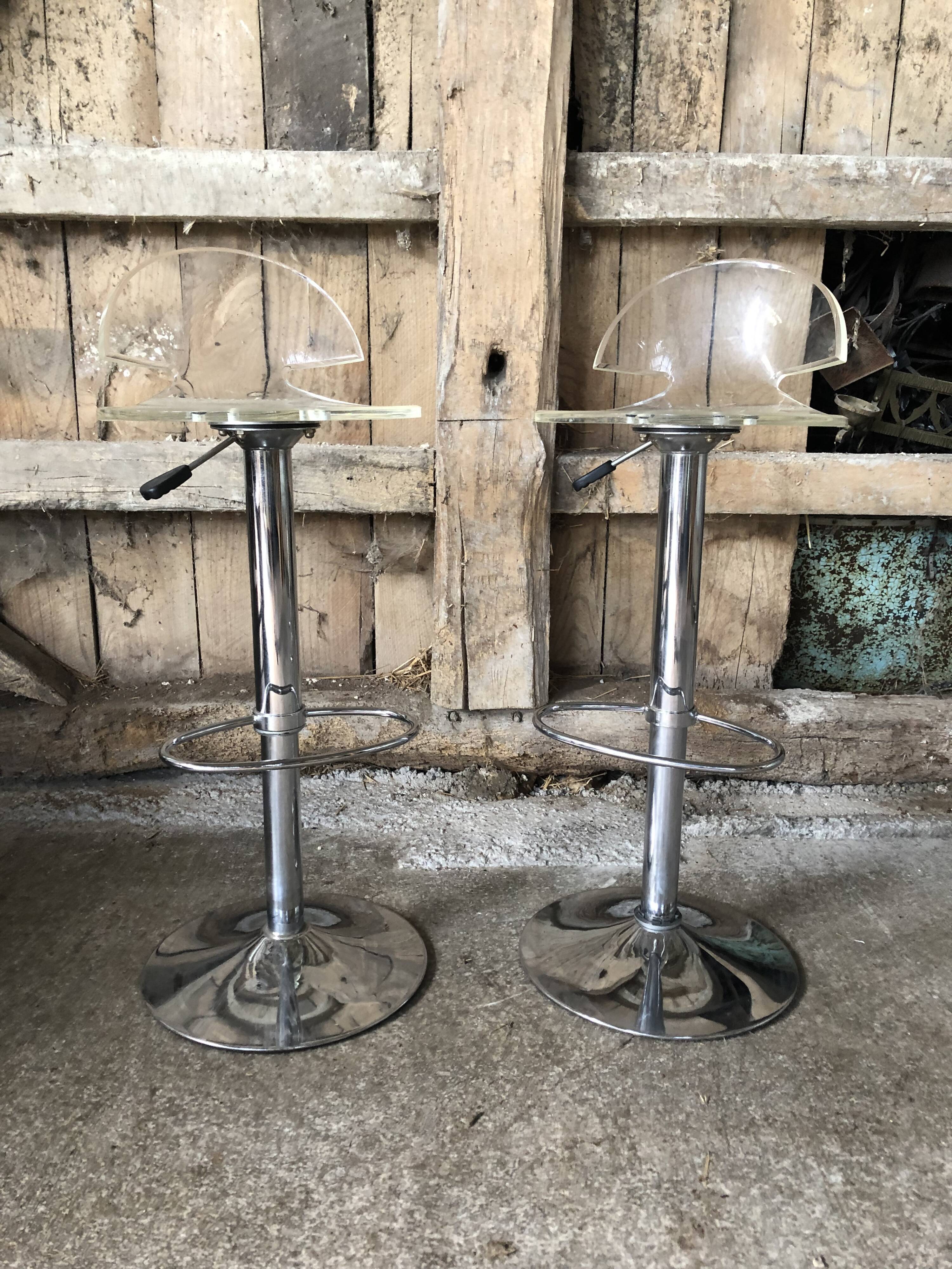 Pair Stool Foot Bar Tulip Metal Chrome + Seat Plexi Transparent Vintage