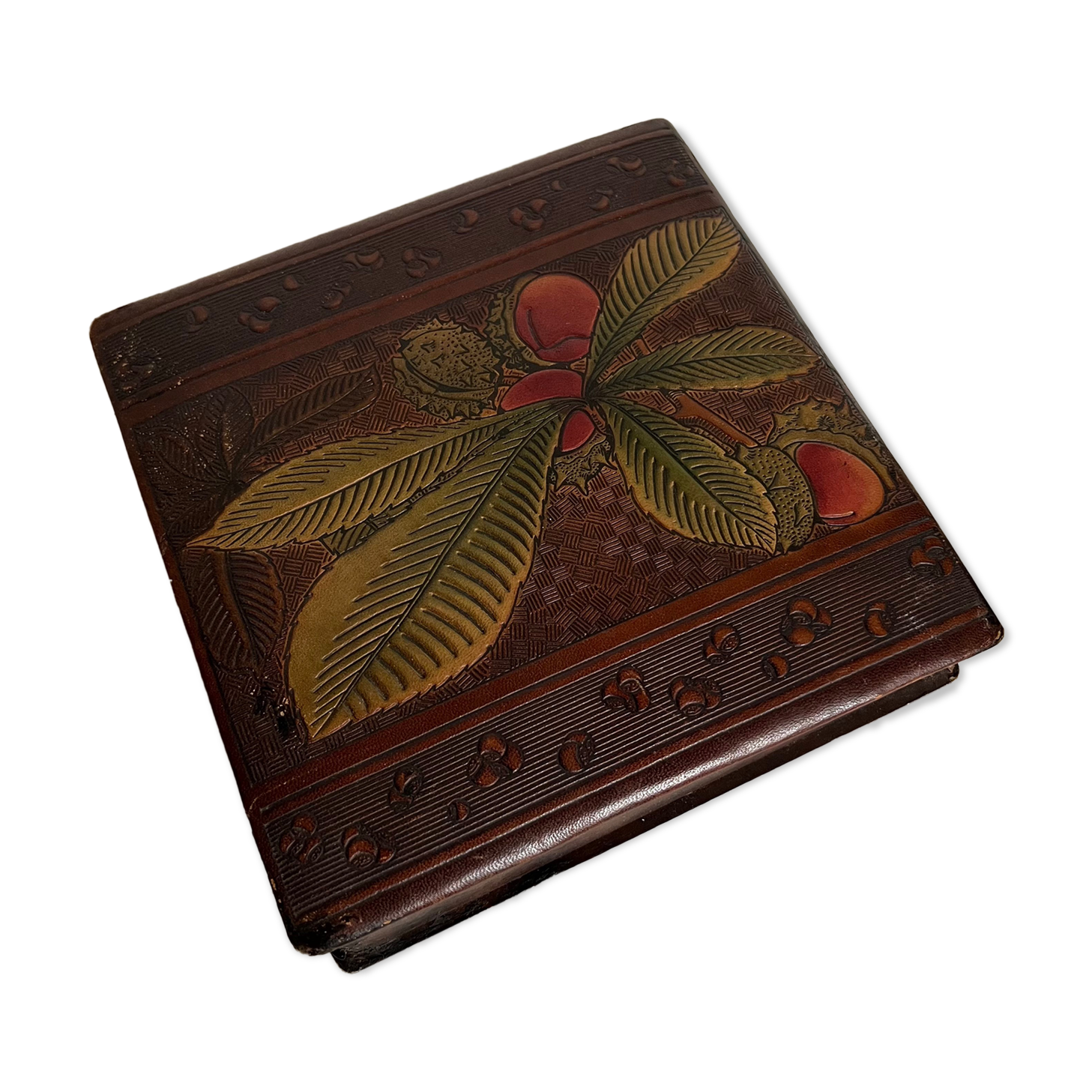 Wooden jewelry box and leather top with patterns
