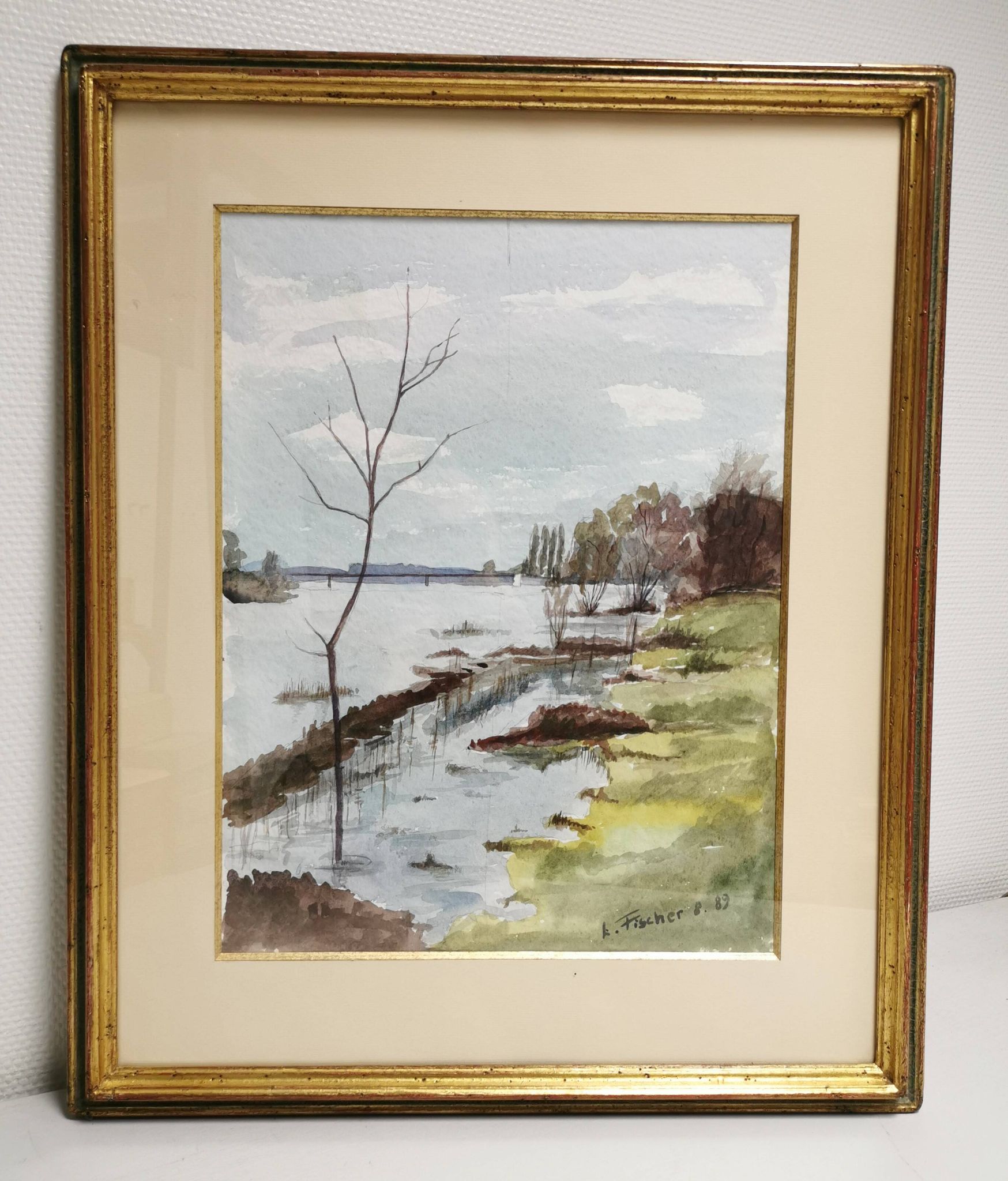 Painting / Beautiful Watercolor signed L. FISCHER 8.89, landscape on the banks of the river