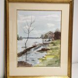 Painting / Beautiful Watercolor signed L. FISCHER 8.89, landscape on the banks of the river