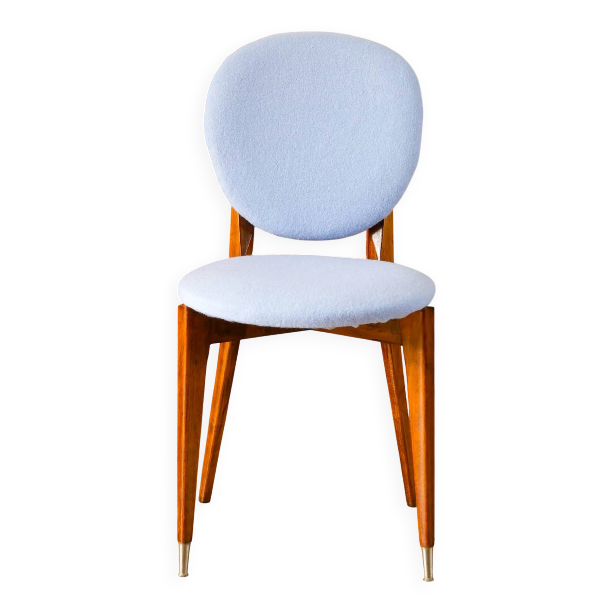Beech wood chair, reupholstered in baby blue boiled wool, 1950.