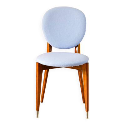 Chaise en bois de hêtre, retapissée en laine bouillie baby blue, 1950