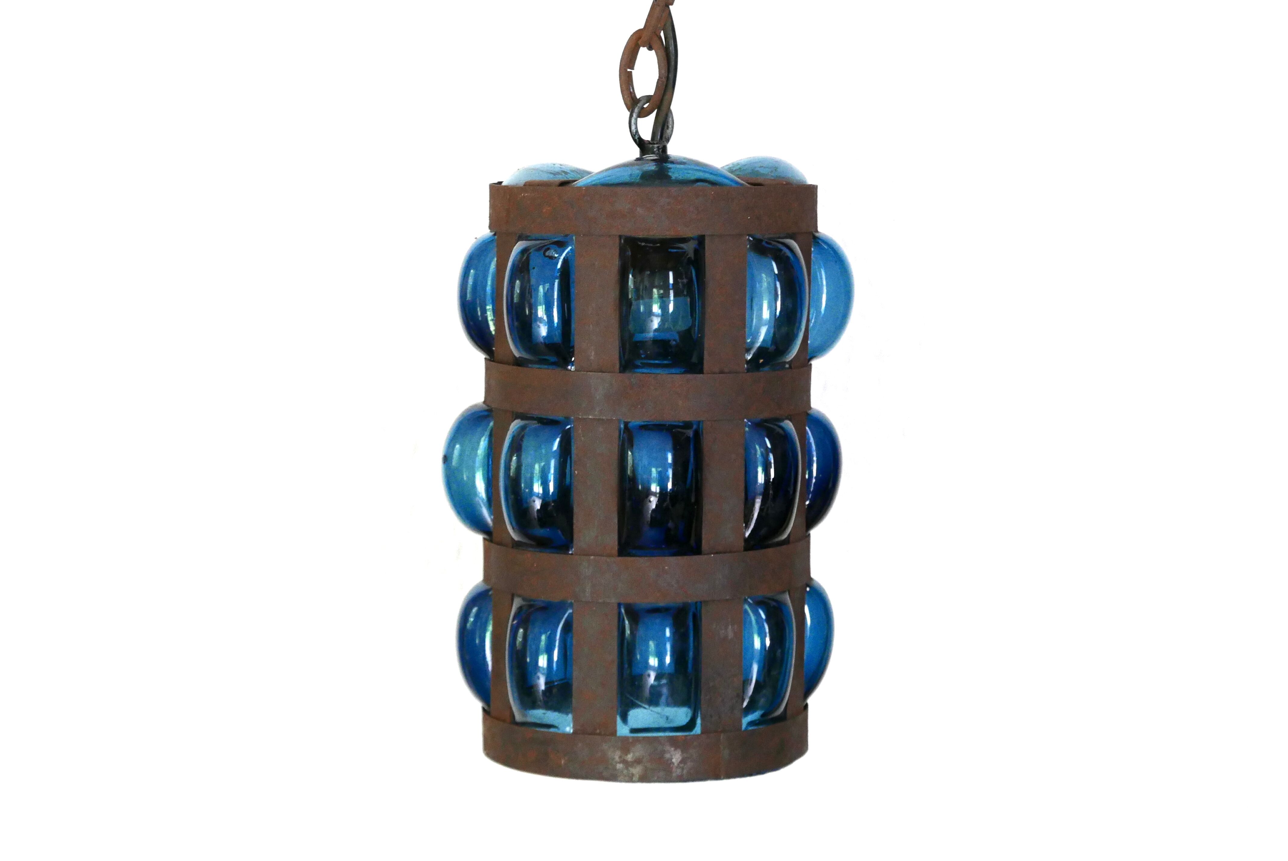 Blue blown glass and metal pendant light, 1970s
