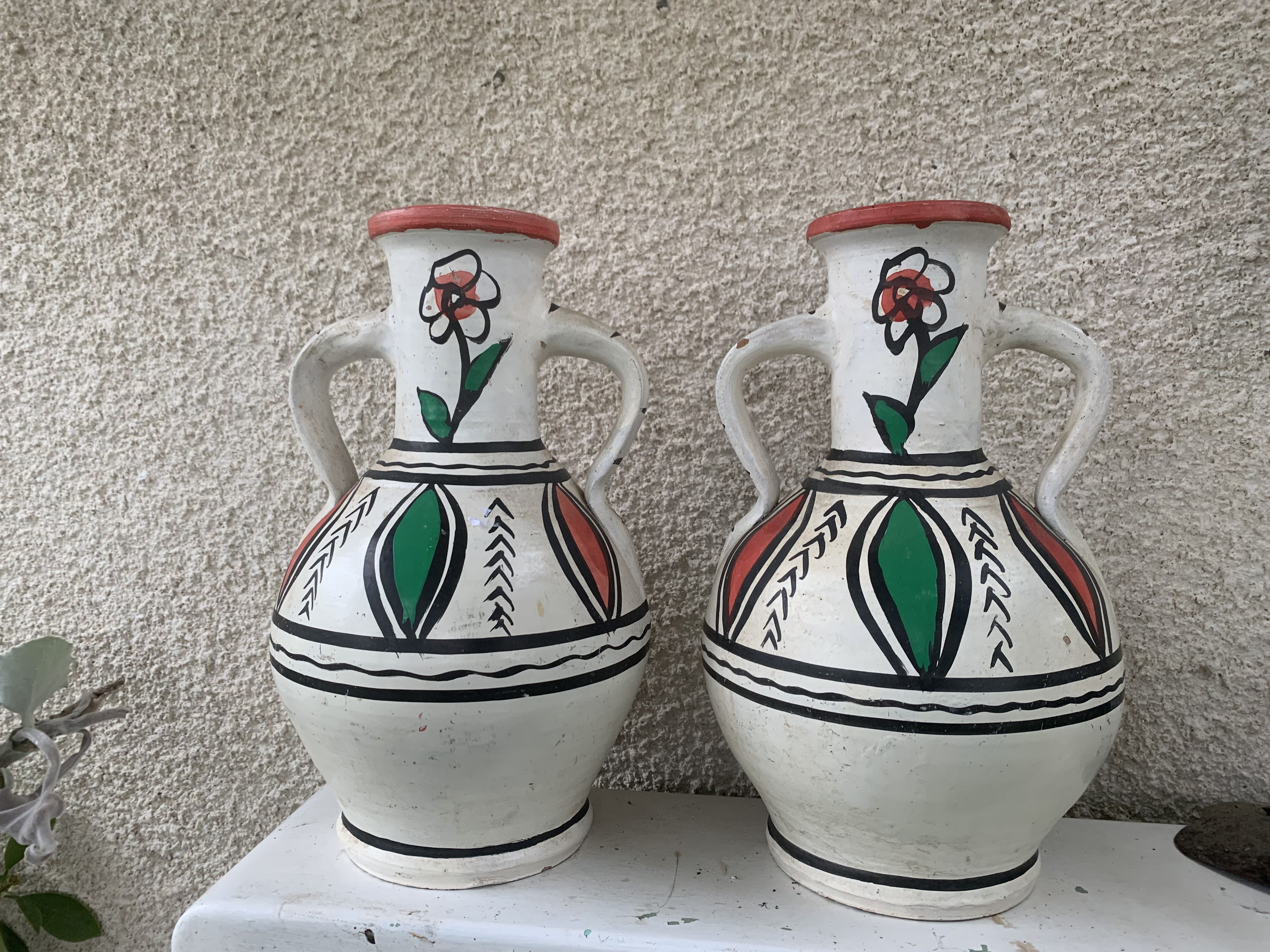 Pair of amphora vase, vintage artisanal and oriental pottery