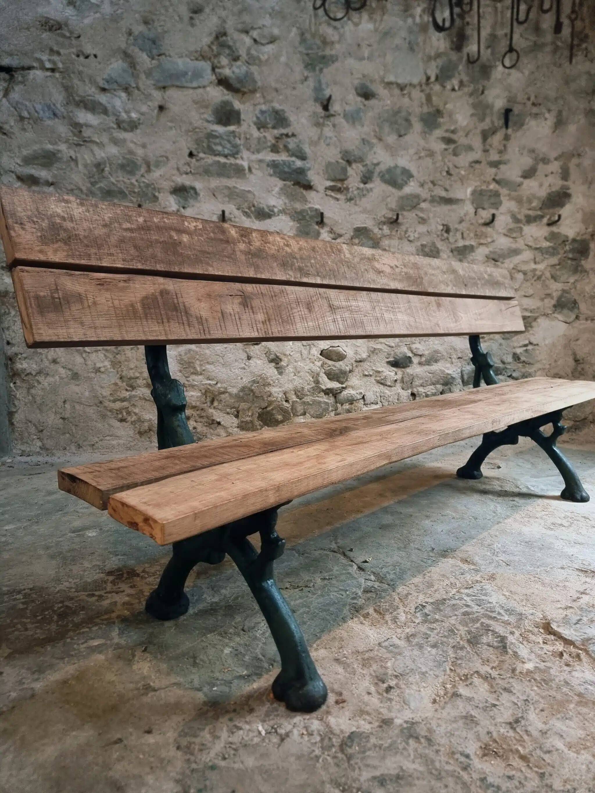 Antique French park bench in cast iron and oak – Sea green patina, 220 cm