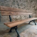 Antique French park bench in cast iron and oak – Sea green patina, 220 cm