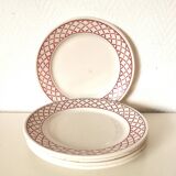 Set of 5 Badonviller dessert plates with red and white geometric pattern