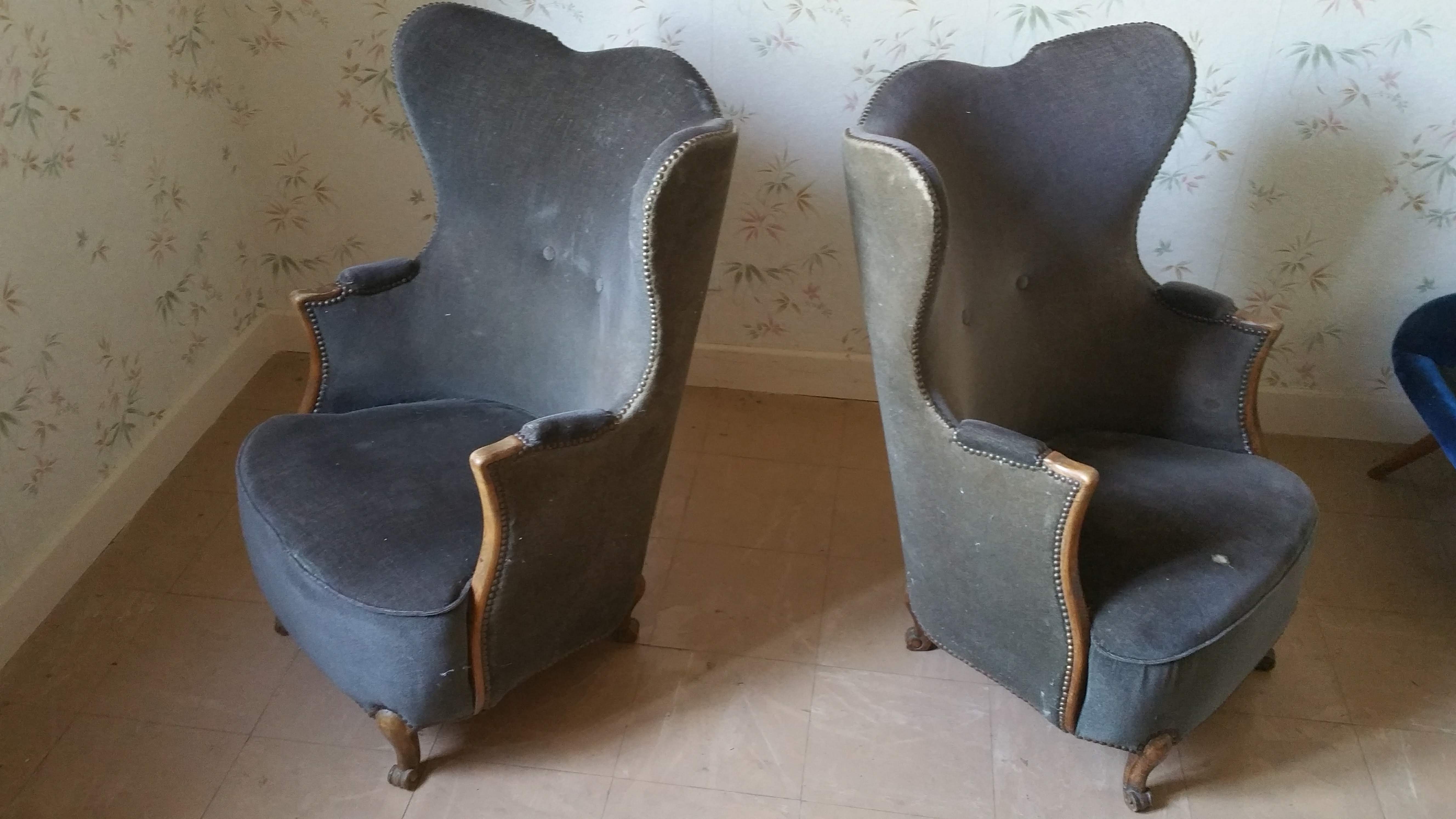 Pair of sculptural Bergère barrel armchairs