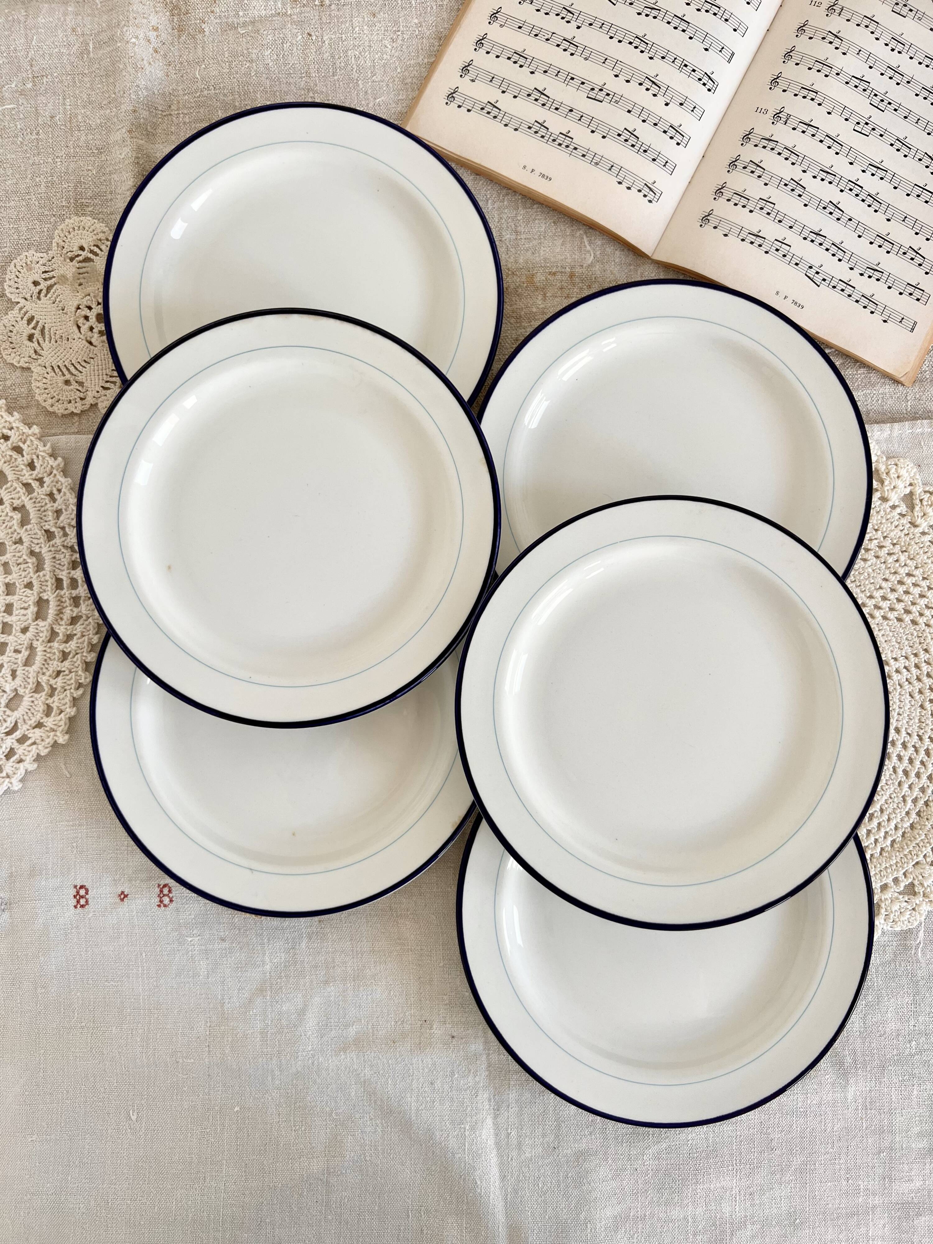 6 vintage Italian porcelain dessert plates with double blue edges
