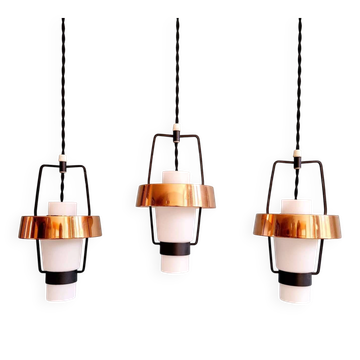 Scandinavian trio of satin white glass pendants, 1960.