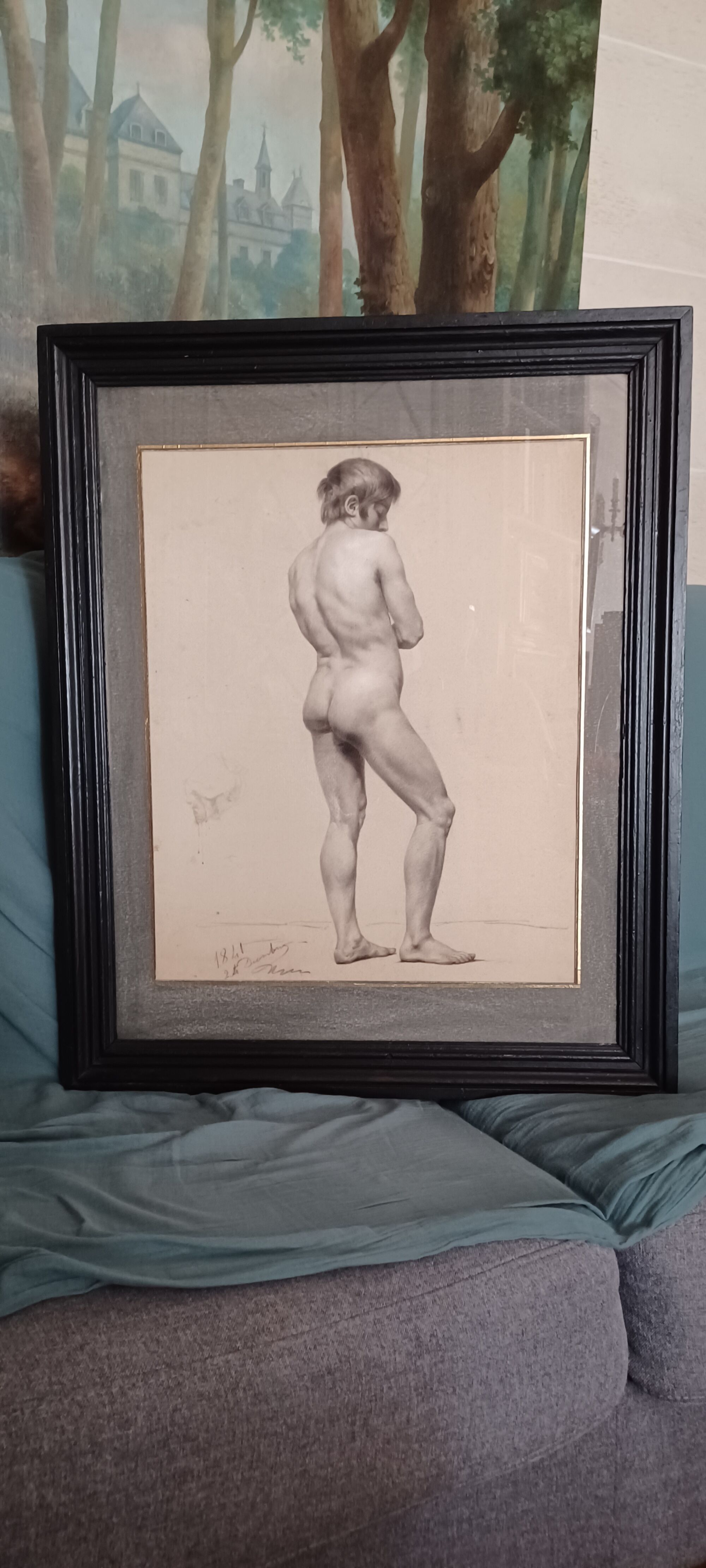 Drawing of a male nude in charcoal - academy signed and dated