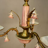 Italian chandelier in bronze and flowers in porcelain with his 2 appliques