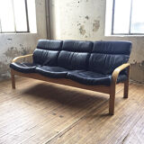 Danish sofa and armchairs curved wood and leather
