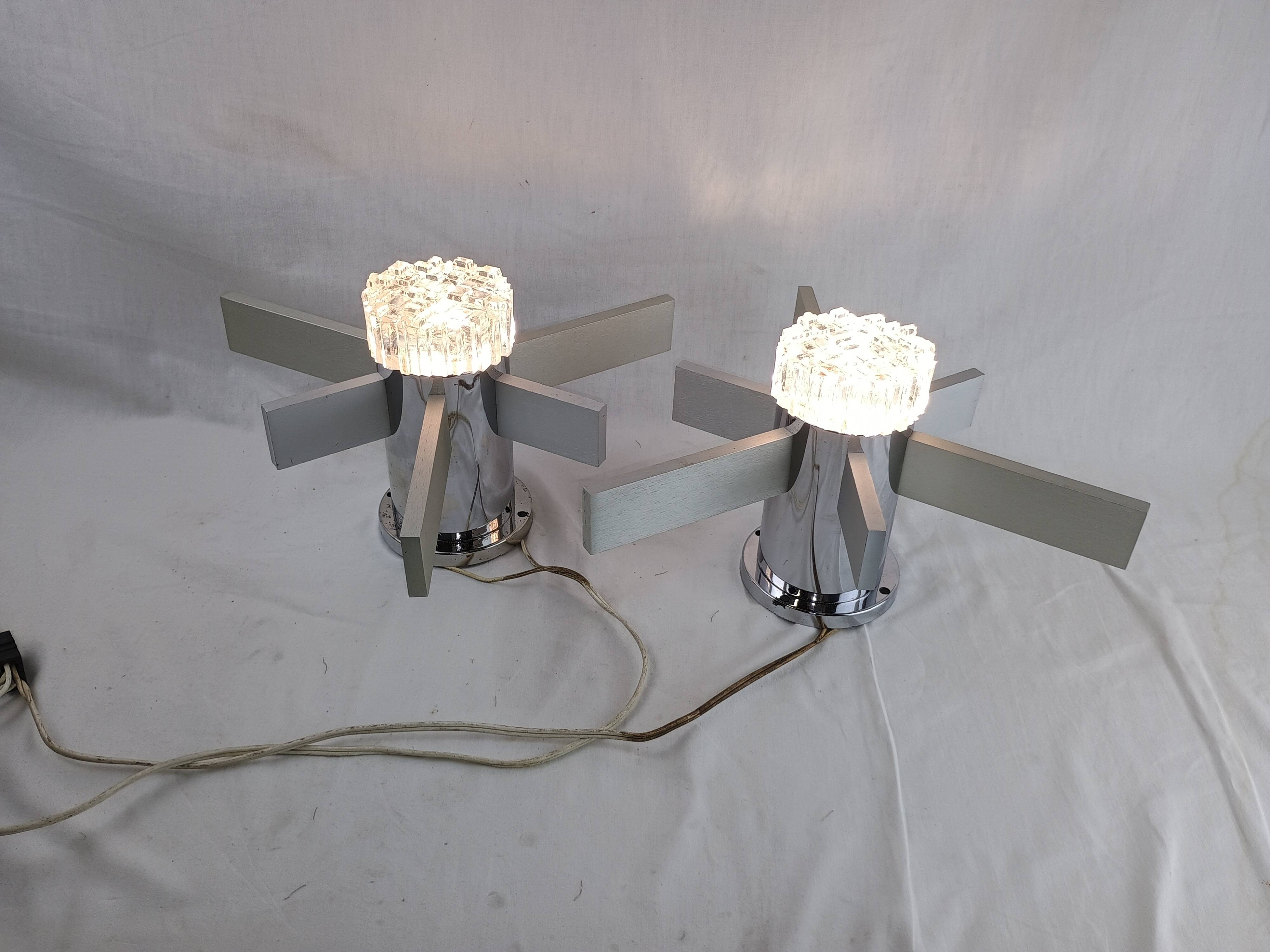 Pair of vintage Italian chrome and glass wall lights, 1960s Sciolari.