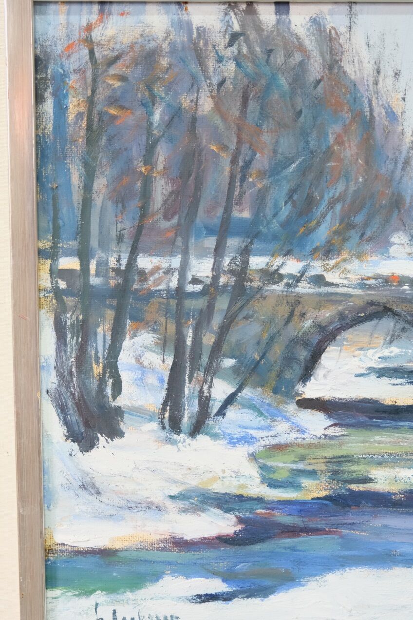 Gideon isaksson (1911-1980), scandinavian modern landscape, 1960s, oil on panel, framed