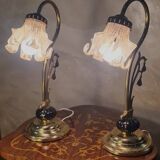 Pair of ceramic and brass lamps in art nouveau style