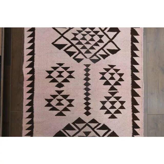 1970s vintage Turkish Oushak handmade wool cotton pink runner rug 98x317