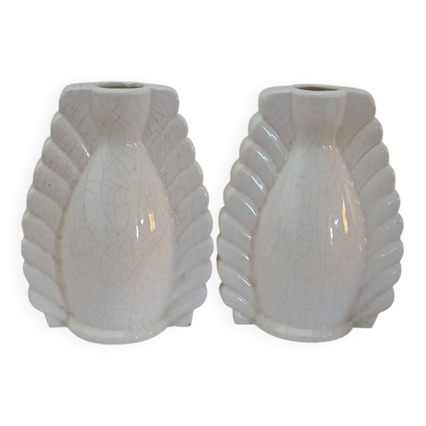 Duo de vases en céramique blanche craquelée Néo Art Déco France