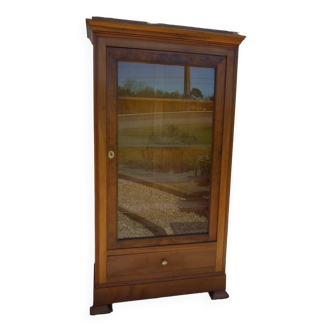 Armoire vitrine une porte à 2 tiroirs en bois de noyer et merisier-très bon état