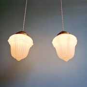 Pair of Art Deco pendant lights in pressed white opaline glass, 1920-30