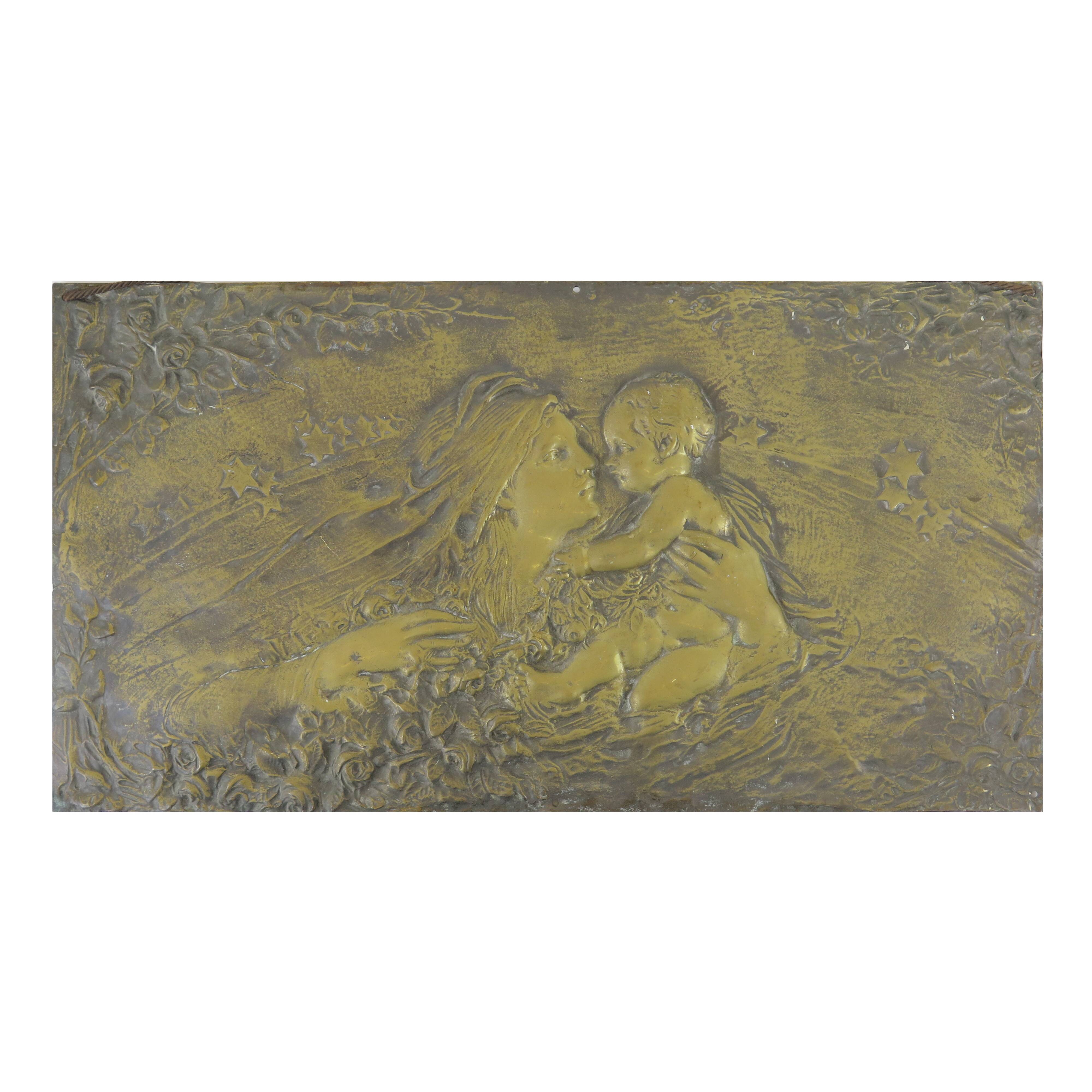 Art nouveau bronze sculpture bas-relief wall panel portrait of mother and child Italy early 20th X7