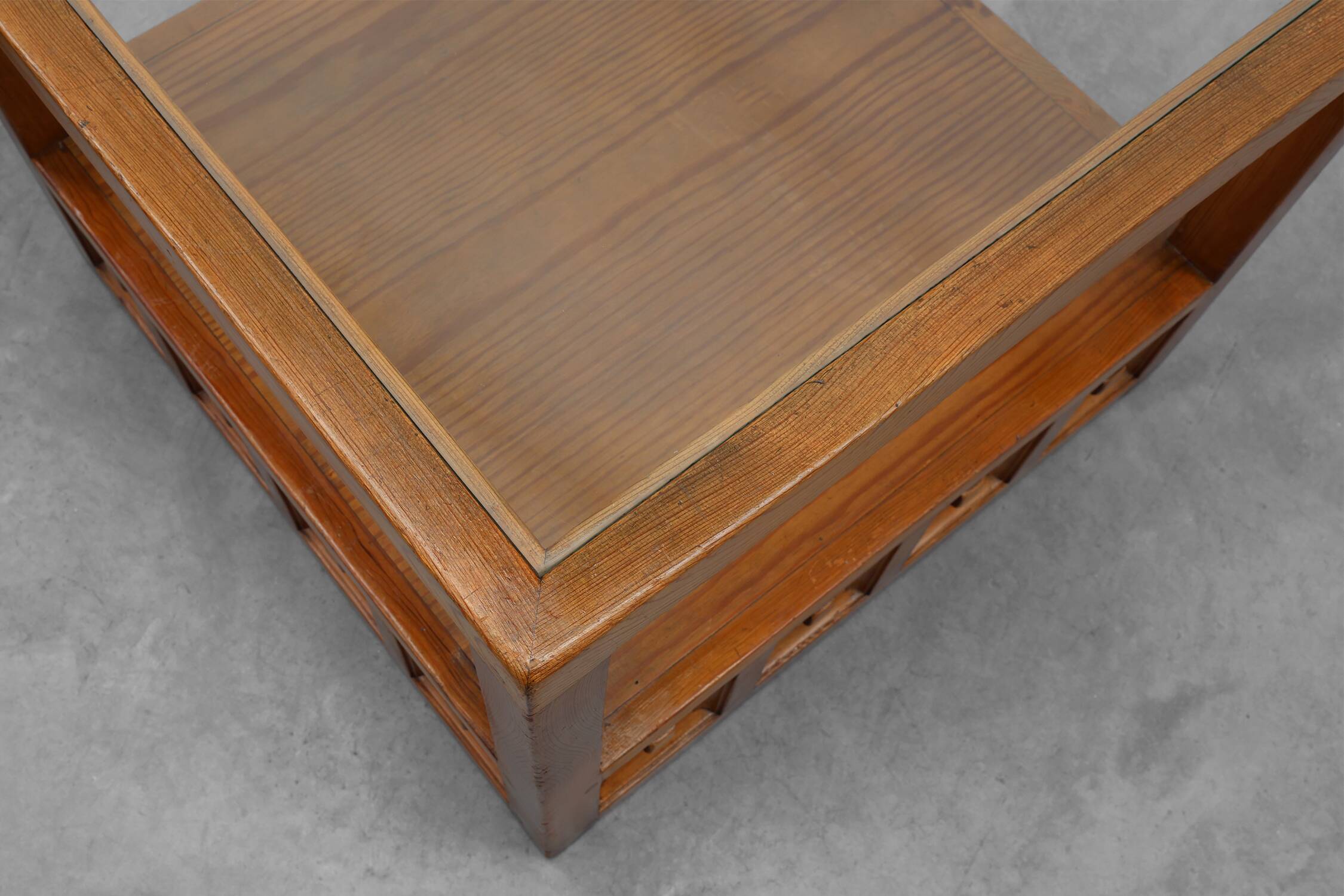 Pair geographical designed square Biosca coffee tables in pine wood, Spain