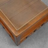 Pair geographical designed square Biosca coffee tables in pine wood, Spain