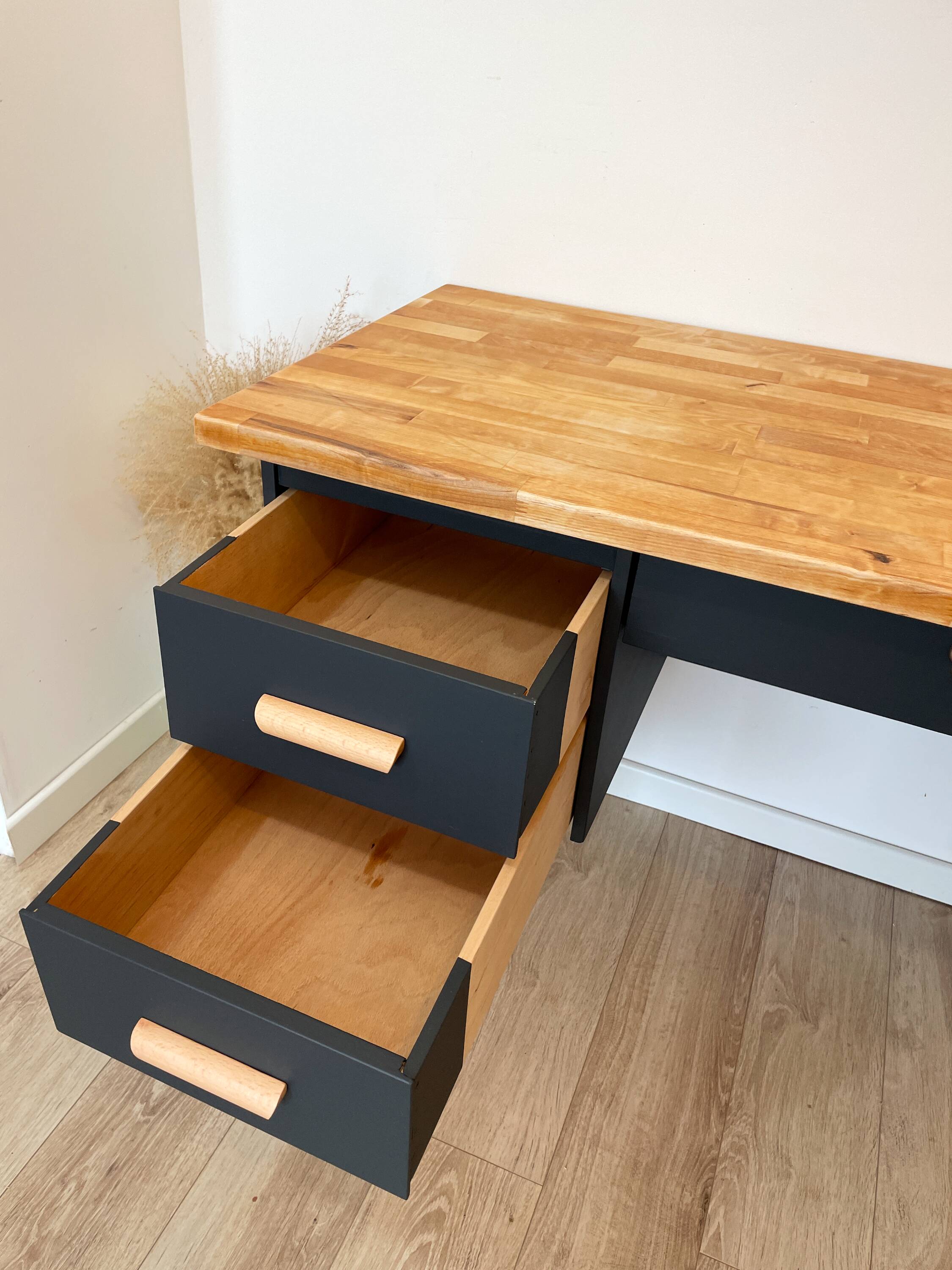 Vintage desk, Scandinavian style, Black lacquer and Beech