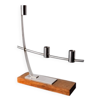 Candlestick in stainless steel and rosewood, 3 flames, Denmark, 1970