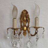 Pair of antique 2-light wall sconces in bronze with crystal pendants, Spain.
