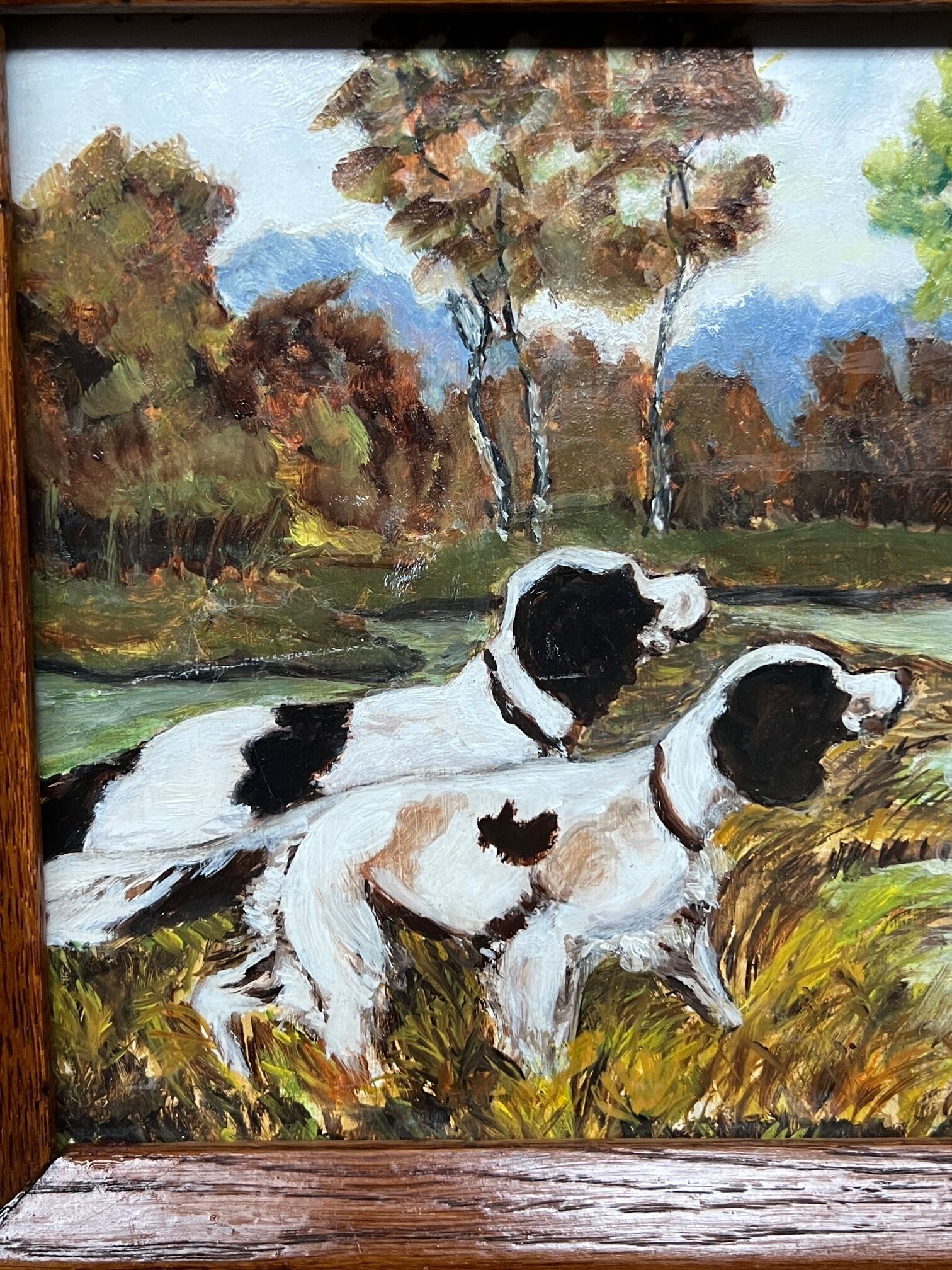 "Dogs on the hunt". Signature. Oil on panel.