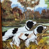 "Dogs on the hunt". Signature. Oil on panel.