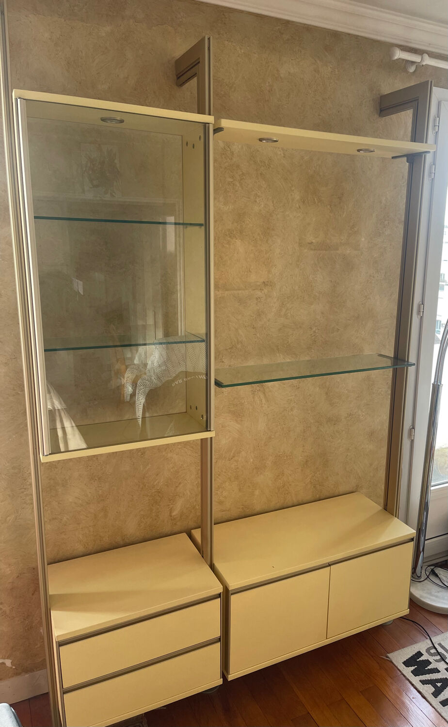 Library, vintage glass and gold aluminium display case, 1980s.