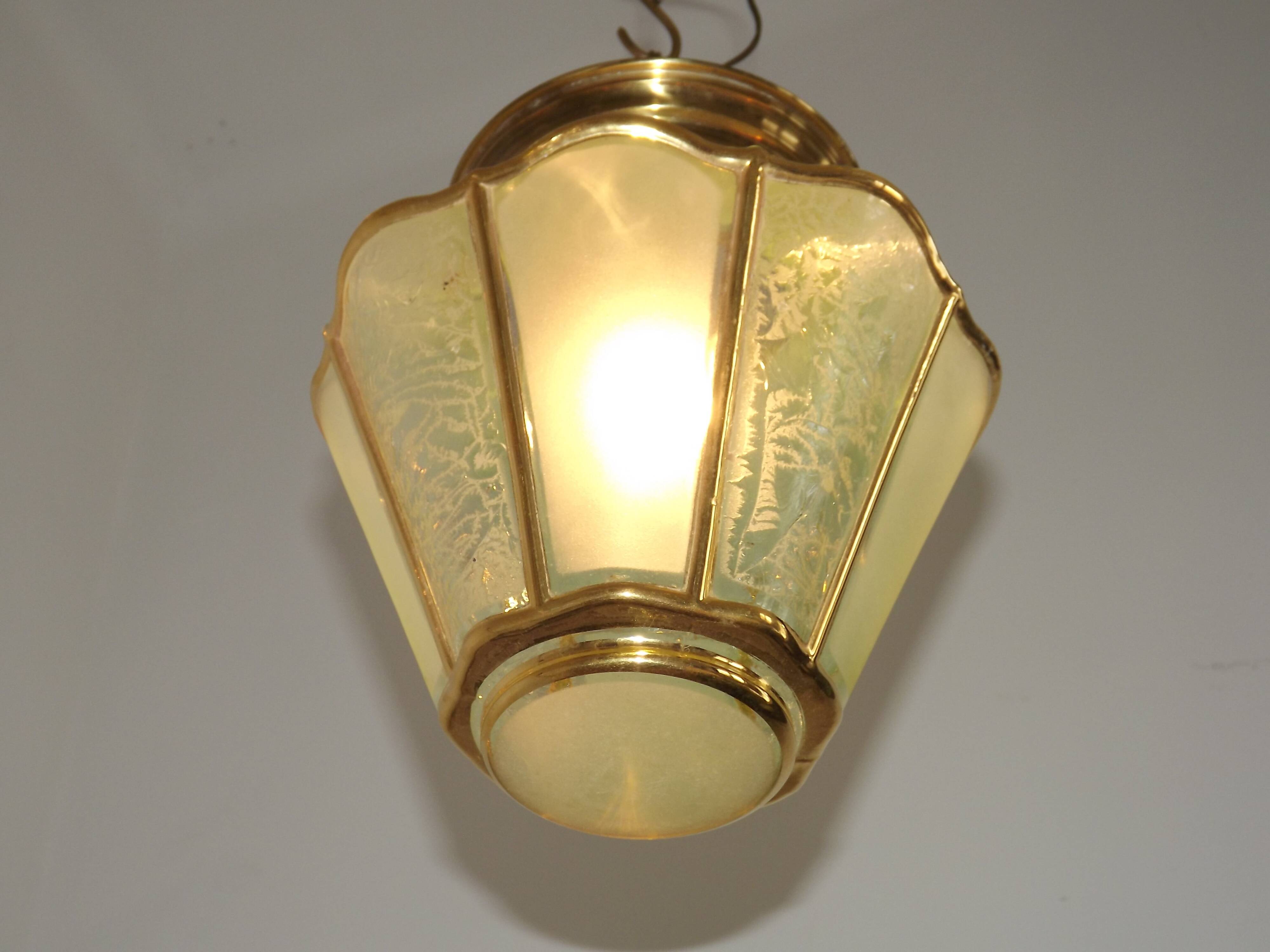 French Vintage Art Deco Glass Ceiling Light Green Frosted & Patterned Glass
