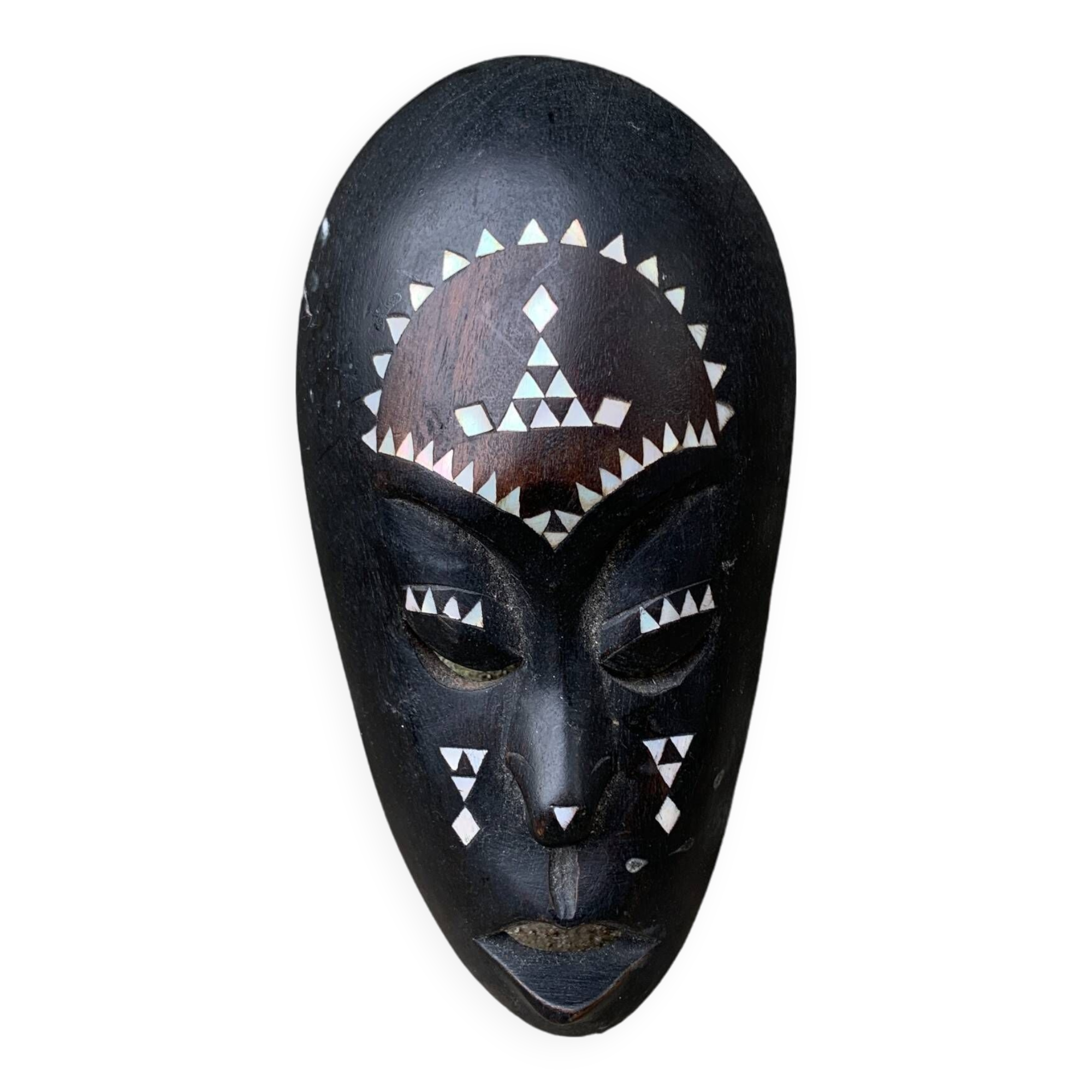 Africa mask in shell wood inlaid Ivory Coast Baoulé African art 1989 old vintage