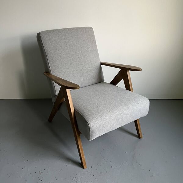 Fauteuil vintage mid-century moderne : tissu gris et cadre en bois de hêtre