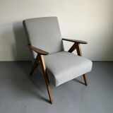 Vintage Mid Century Modern Armchair: Grey Fabric & Beech Wood Frame