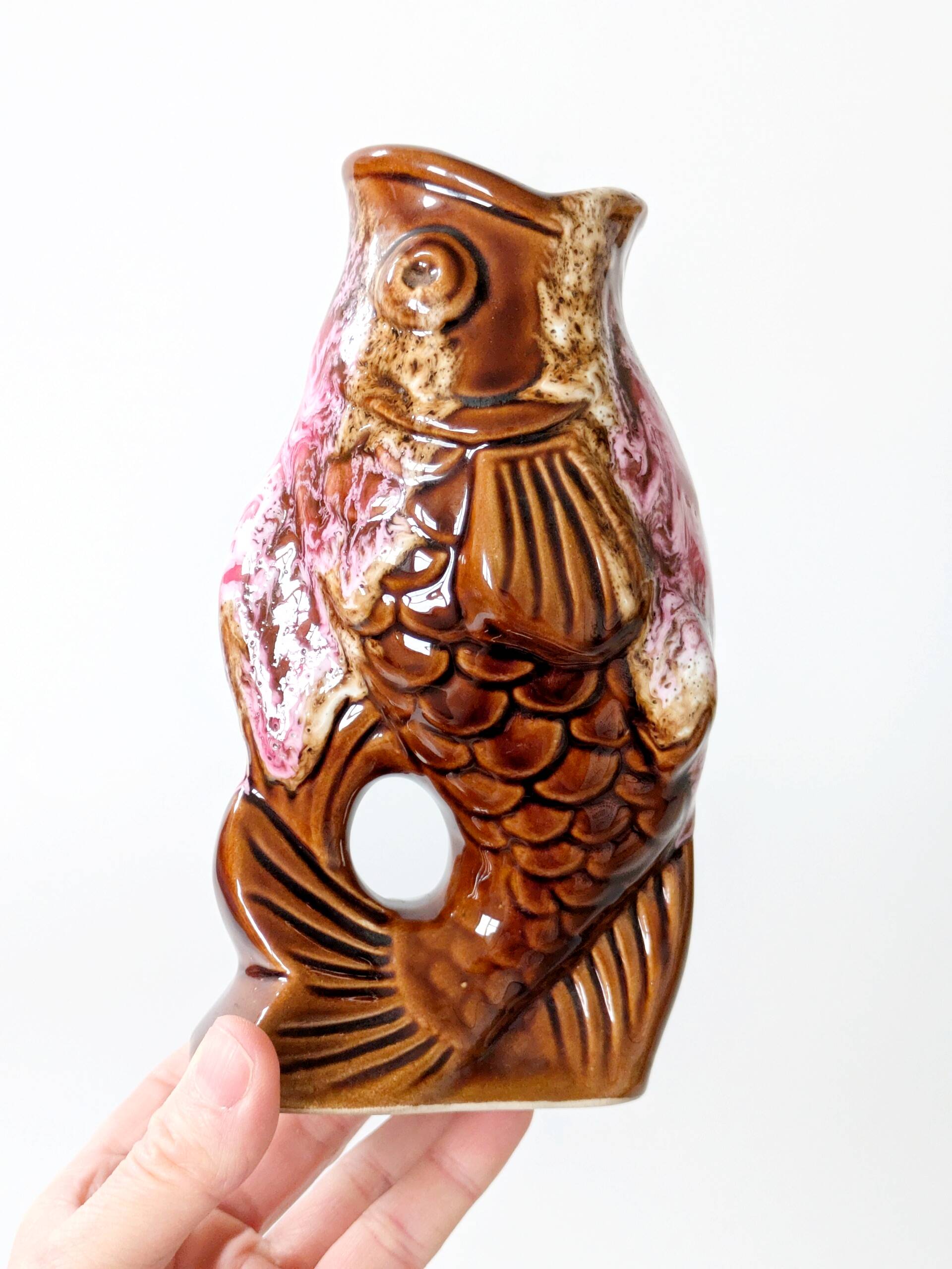 Vallauris fish pitcher vase from the 60s, amber and pink