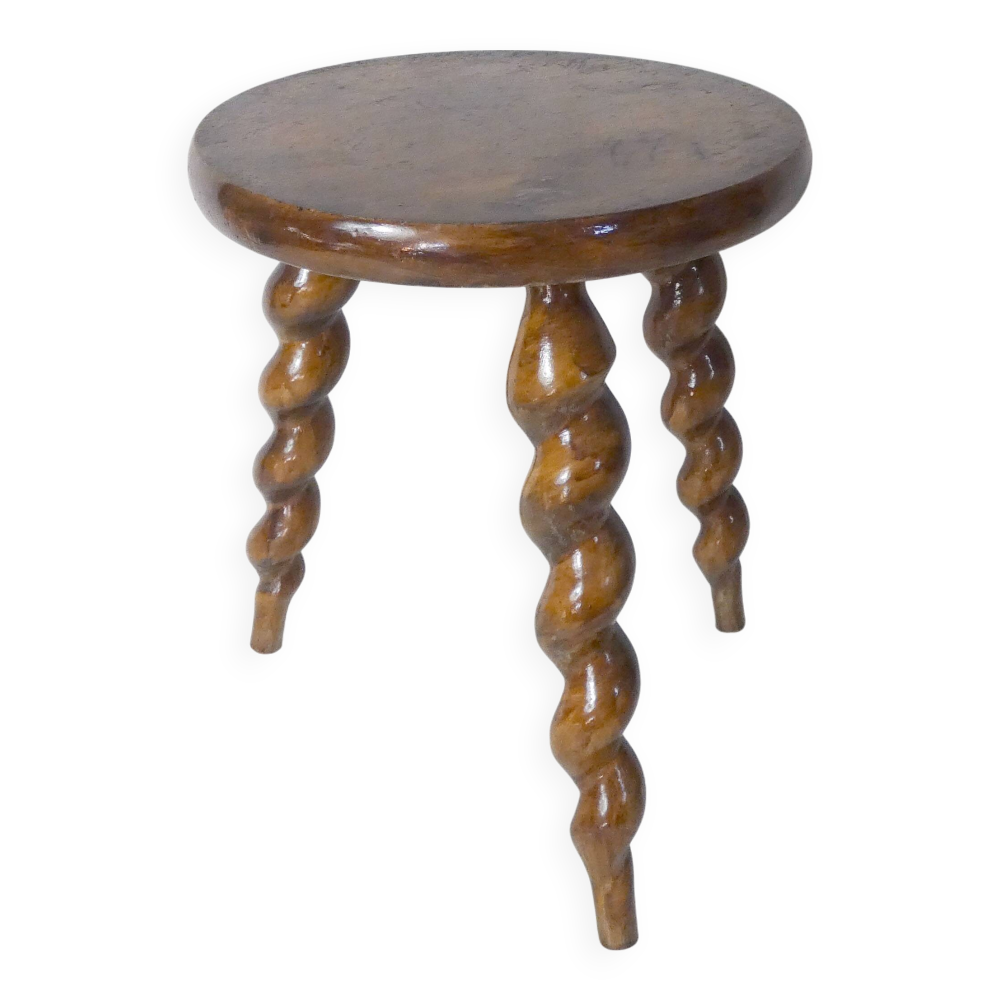 old tripod stool plant holder in turned wood