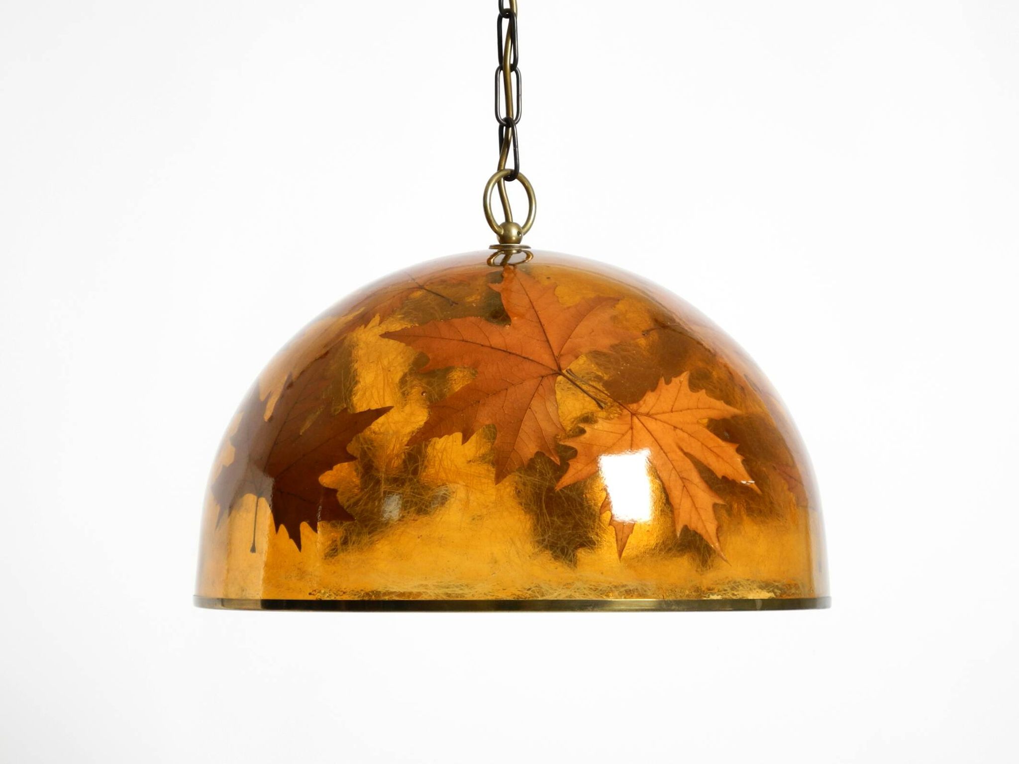 Rare, large 1970s Italian resin pendant lamp with embedded maple leaves
