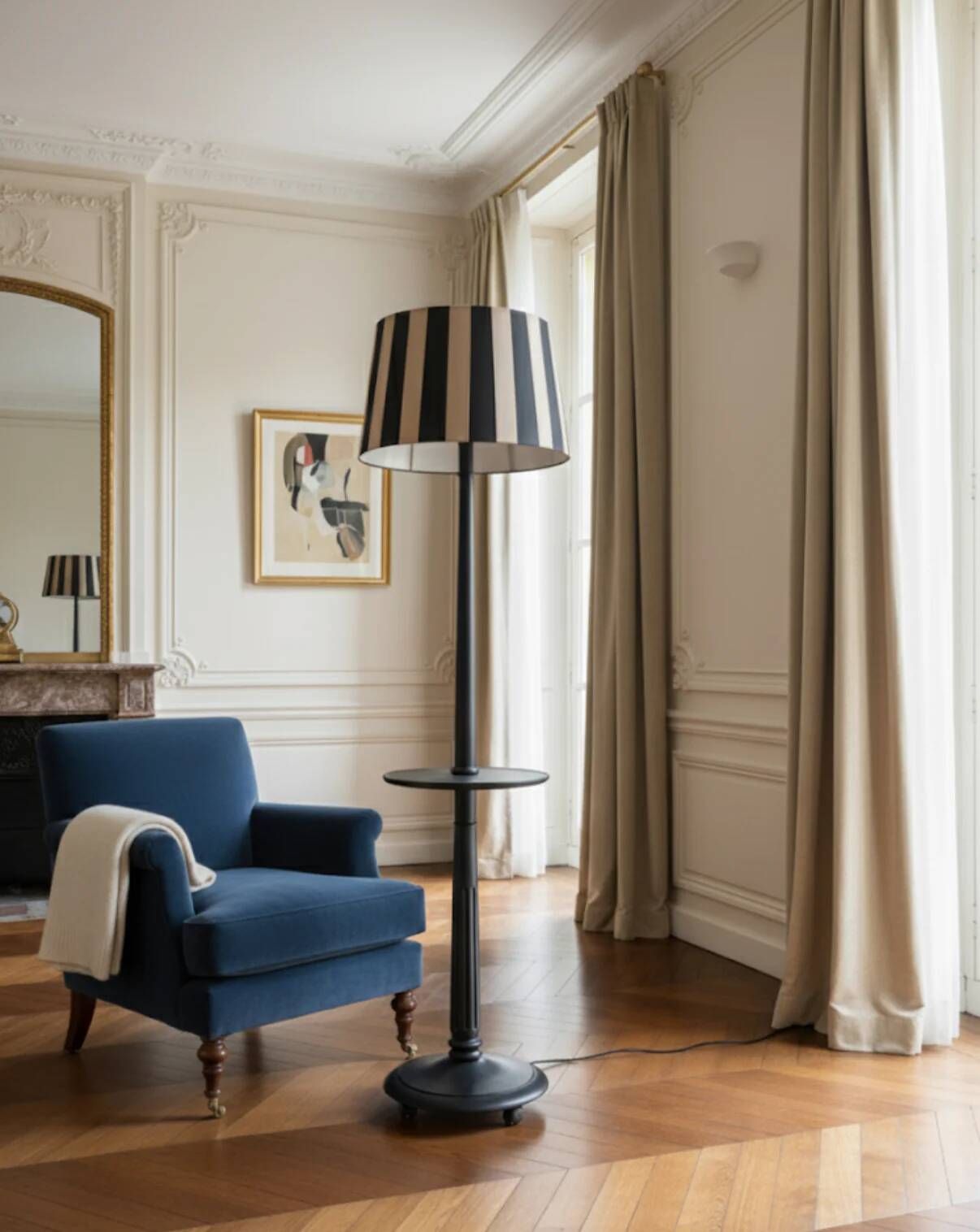 Vintage floor lamp in black patinated wood and striped lampshade
