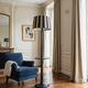 Vintage floor lamp in black patinated wood and striped lampshade