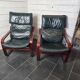 Pair of Scandinavian armchairs in leather and curved wood