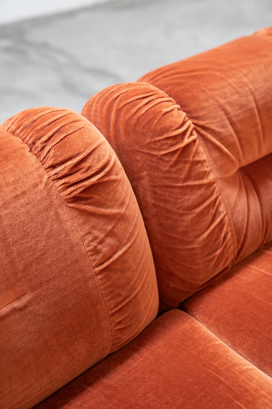 Orange chenille sofas, two and three seats, set of 2, 1970s