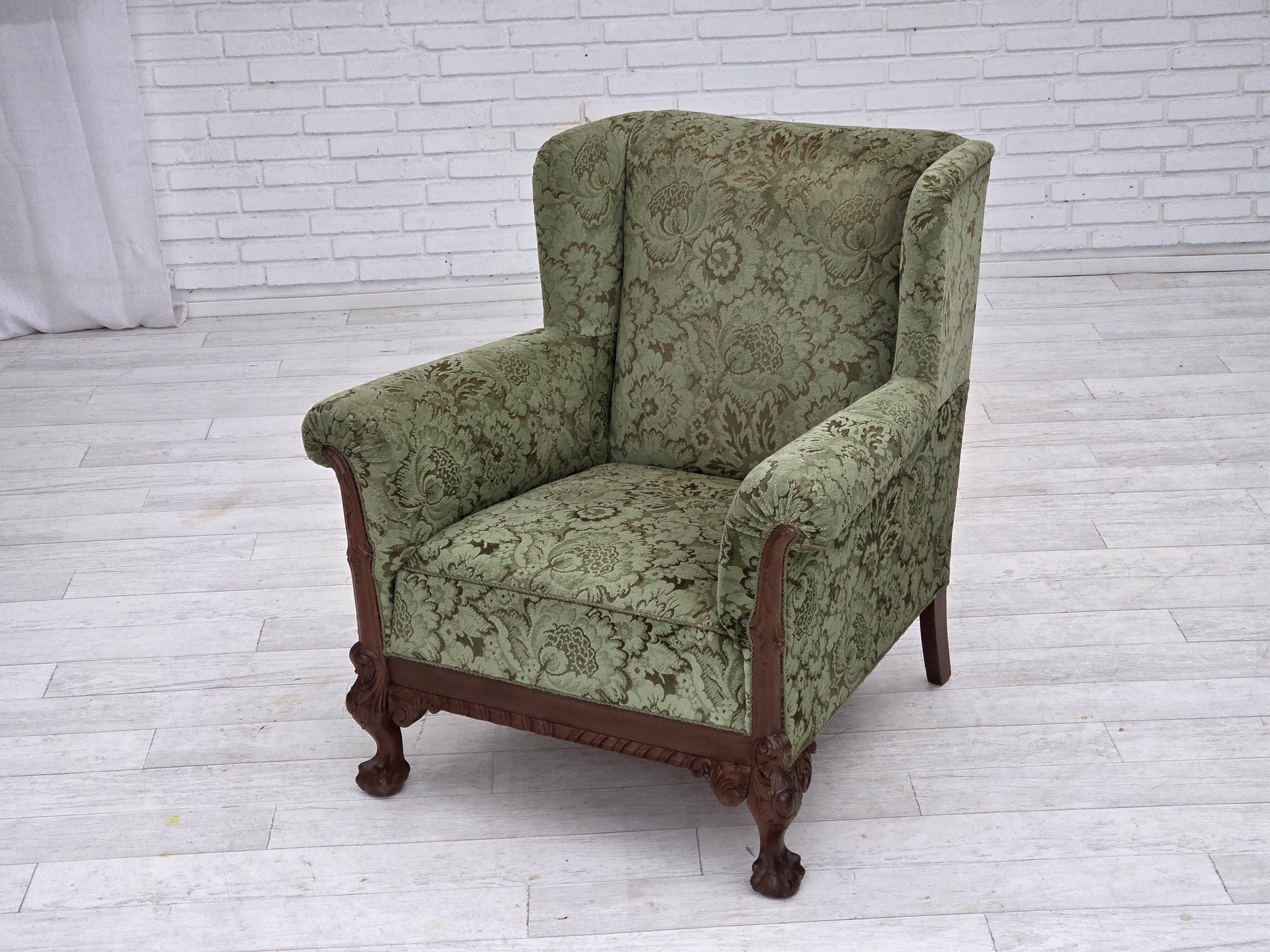 1950s, Danish relax armchair, green furniture velour, carved oak wood.