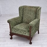 1950s, Danish relax armchair, green furniture velour, carved oak wood.