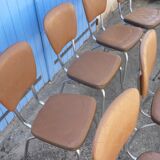 Lot of 8 vintage chairs in brown skai