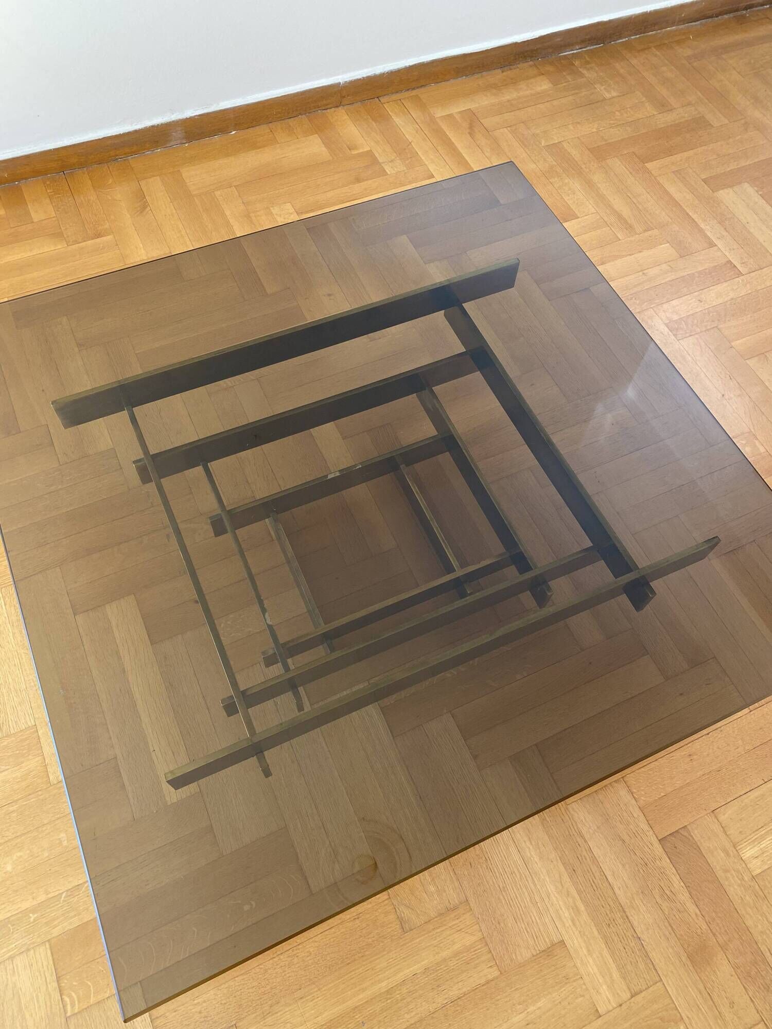 Vintage 1970s Square Coffee Table in Brass and Smoked Glass, David Hicks